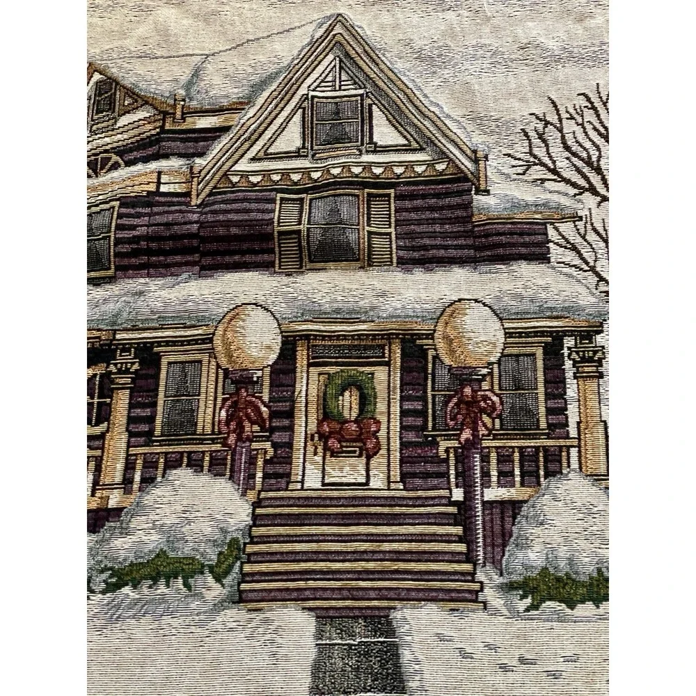 Vintage Winter Christmas Tapestry Blanket Throw Snow Victorian House Snowman Kid